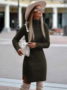 SHEIN Cottnline Solid Color Turtleneck Twist Knit Fitted Elegant Long Sleeve Sweater Dress - Army Green - View 2