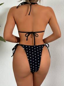 SHEIN Swim Conjunto de bikini con cordón y estampado de puntos blancos sobre fondo negro elegante y de estilo resort, para mujer, para el verano