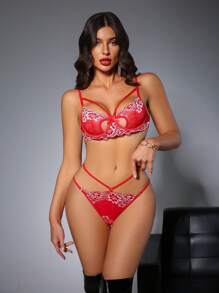 Bộ đồ lót Valentine 2 món cho nữ: Áo ngực và quần lót - Đỏ - Xem 1