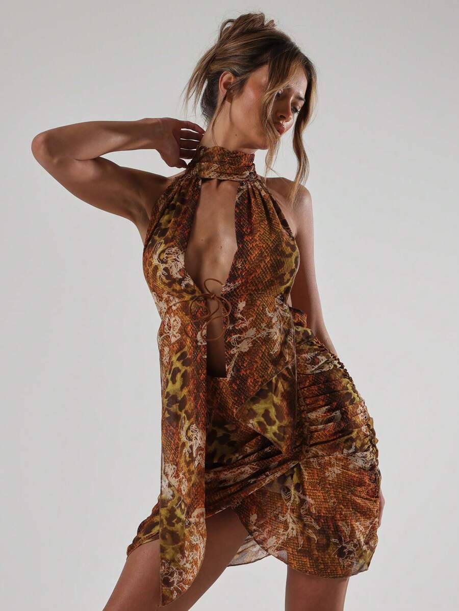 MUSERA Sexy Halterneck Wrap Mini Dress Sexy Going Out Party Ibiza Outfit, Holiday, Club Outfit