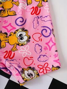 GARFIELD | SHEIN Baby Girls Cute Heart & Cartoon Print Pink Rompers Jumpsuit, Summer - Watermelon Pink - View 5