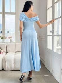 Modelyn Women's Mid-Length Solid Color Asymmetrical Shoulder Simple Fashion Dress, Suitable For Summer - Blue - View 2