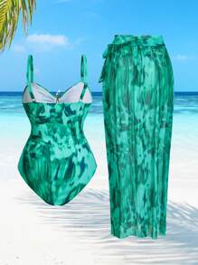 SHEIN 大码连体泳衣，简约时尚，适合夏季 - 綠色 - 查看 3