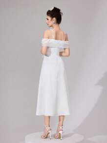 Modelyn Elegant Women's White Midi Dress With Bow Detail And Spaghetti Straps - White - View 2