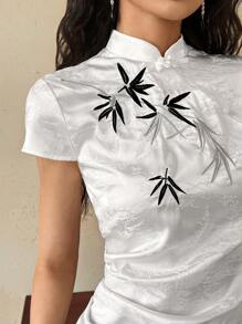 EastFlair Women's Elegant Embroidery Jacquard Button-Up Collar T-Shirt - White - View 6