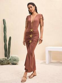 BY FELIZIA Brown Solid Ruched Shoulder Deep V Neck Sleeveless Backless Sexy Seafish Drapes Maxi Dress Summer Dress Vacation Sundress For Women - Brown - View 4