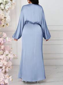 SHEIN Lady Plus Size Elegant Solid Color Lantern Sleeve Fishtail Dress - Blue - View 2