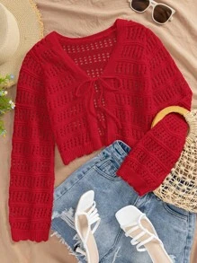 Travachic Áo len cardigan dệt kim khoét lỗ màu trơn đơn giản cho nữ, áo len dệt kim cho mùa thu/đông - Đỏ - Xem 4