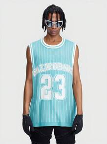 ROMWE MEN Prep Men's Basketball V-Neck Numeric Knit Streetwear Pullover - Blue - View 1