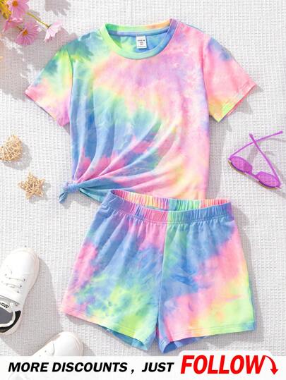 Emery Rose Kids Emery Rose Kids Tween Girl's Casual Tie-Dye Pattern Short Sleeve T-Shirt And Shorts Set For Summer,Summer Clothes Summer Outfits
