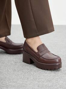 CUCCOO BIZCHIC 女士休闲咖啡棕色 PU 皮革厚底经典乐福鞋，适合通勤、约会、聚会、购物、度假、校园等。 - 棕色 - 查看 5