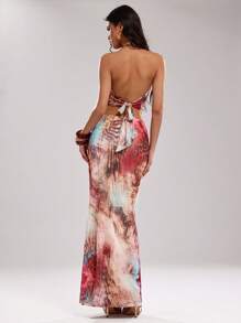 SHEIN BAE Women's Brown Striped Boho Summer Vacation Holiday Animal Print Draped Neck Backless Top And Skirt Set For Beach Music Festival Party Outfits - Multicolor - View 2