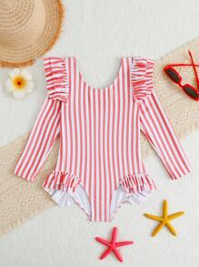 SHEIN Young Girl Striped Ruffled One-Piece Swimsuit, Vacation & Beach - Red and White - View 5