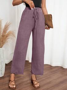 SHEIN LUNE Women Denim Effect Solid Color Pocket Side Ruffle Casual Pants For New Year Clothes Fall Cloth For Women - Dusty Purple - View 4