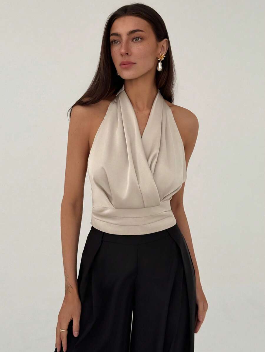 Aloruh Blouse femme plissée à col en V croisé de couleur unie - Nude - Voir 1