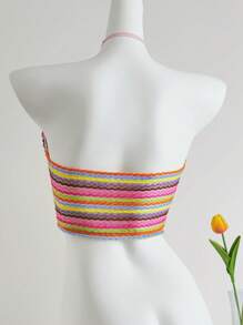 Sweetina 女士彩色条纹扭结抹胸休闲上衣，夏季 - 玫紅色 - 查看 2