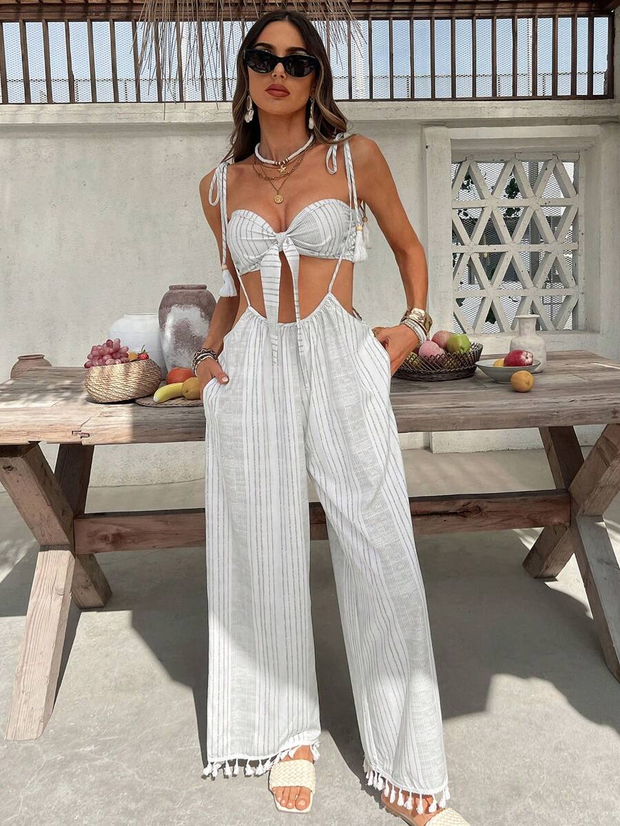 SHEIN VCAY Conjunto de 2 piezas para mujeres con top tubo casual a rayas y mono con flecos en el bajo para vacaciones - Gris - Ver 1