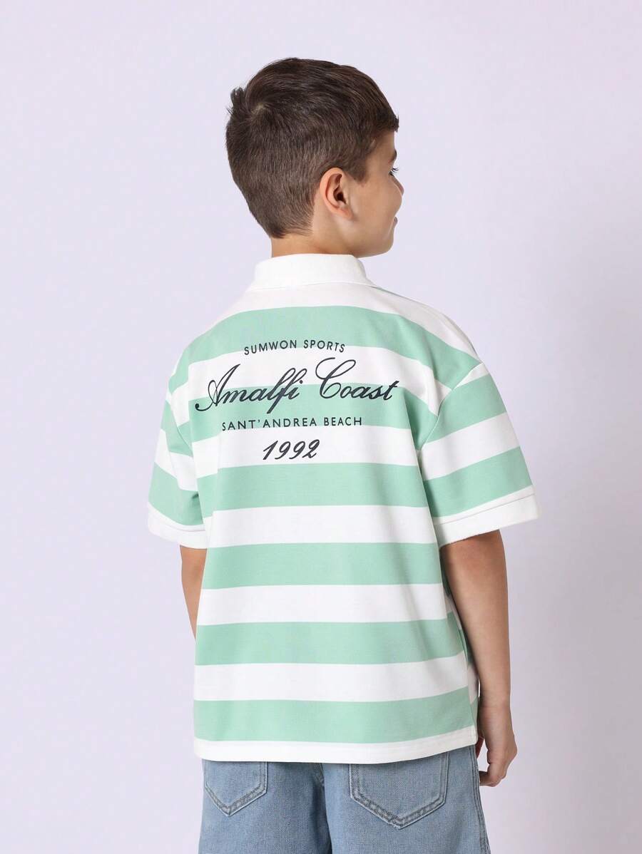 SUMWON 夏季 Polo 运动衫 阿马尔菲海岸复古条纹海滩俱乐部度假休闲短袖夏季经典学院风男孩时尚意大利里维埃拉旅行 - 綠色 - 查看 1