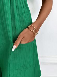 SHEIN Clasi Bộ đồ liền thân tay ngắn dệt jacquard cổ chữ V màu xanh lá cây cho nữ - Trang phục thanh lịch hàng ngày, Xuân/Hè - màu xanh lá - Xem 3