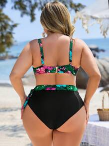 Swim Lushoire Plus Size Women 2pcs/Set Random Tropical Plant Print Asymmetrical Ruffle Top & High Waist Triangle Bikini Set, Simple Vacation & Daily Swimsuit