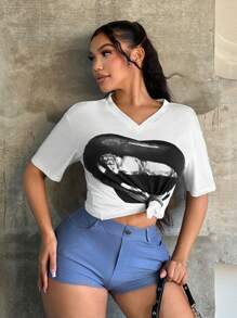 SHEIN SXY Women's V-Neck Short Sleeve T-Shirt, Simple & Fashionable For Summer,Graphic Tees Women,Going Out ,Oversized T Shirt,Goth, Festival,Streetwear For Women,Gyaru - White - View 3