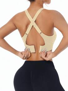 Easithlete 女士纯色交叉后背日常健身运动文胸 - 卡其色 - 查看 2