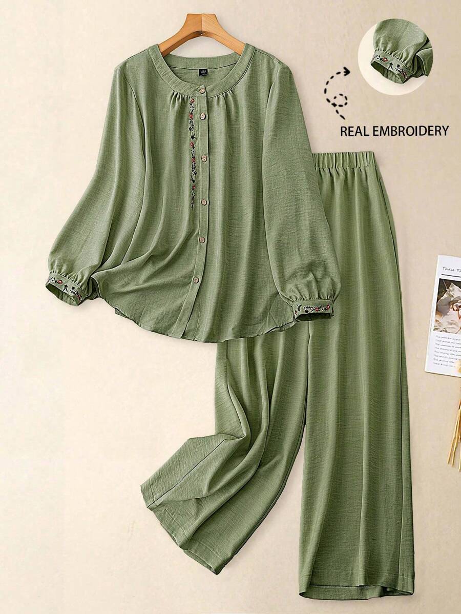 Linhara 秋季大码女式梭织常规休闲两件套 - 軍綠色 - 查看 1