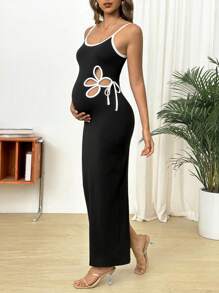 SHEIN Abito premaman senza maniche, semplice e di moda, con dettagli traforati, adatto per l'estate - nero - Visualizzare 4