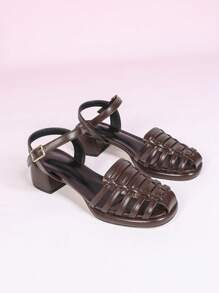 CUCCOO DOLLMOD Fashion Handmade Woven Ladies Brown Chunky Heel Thick-Soled Closed Toe Sandals, Water-Resistant Platform Closed Toe Sandals, Versatile Square Toe Strap Buckle Chunky Heel Hollow Outdoor Breathable Comfortable High Heel Sandals, Spring Summer New Arrival - Brown - View 4