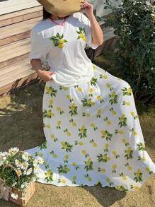 SHEIN MOOSTA Plus Size Women 2pcs Lemon Print Short Sleeve Round Neck T-Shirt And Skirt Set - White - View 5