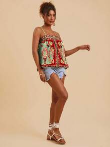 Travachic Vacation Printed Chiffon Cami Top For Women,Casual Style, Fall, Chic Autumn,Going Out,Elegant,Country Style,Tropical Printed Boho Top - Green - View 3