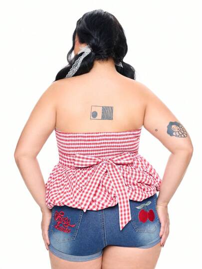 Kawaii Top con volantes florales vintage, estampado de cuadros y lazo en la cintura para mujeres de talla grande, adecuado para primavera y verano