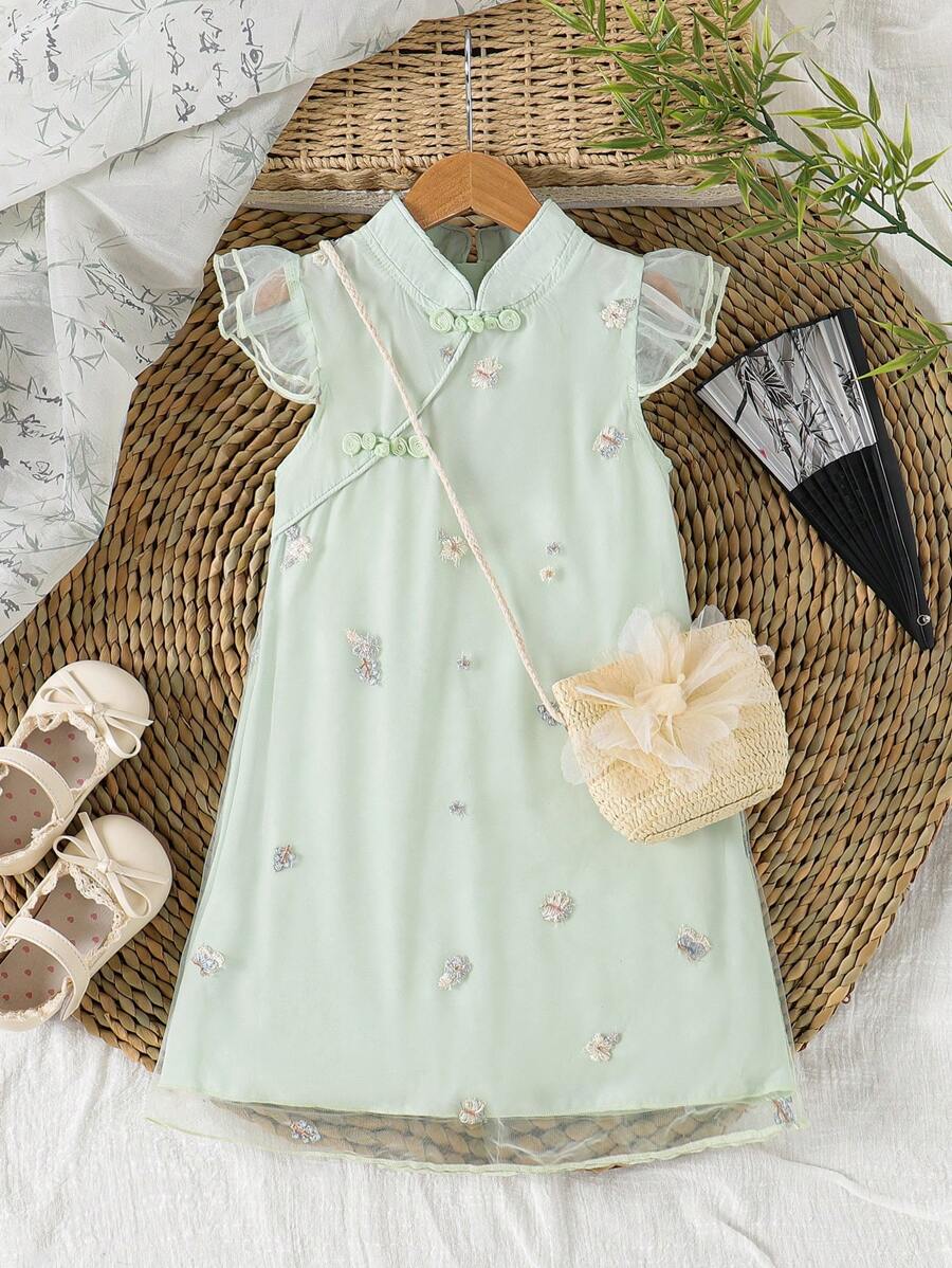 1 Set Girls Chinese Style Embroidered Mesh Hanfu + Handmade Flower Woven Shoulder Bag, Summer Button-Less Sleeveless Chinese Cheongsam Dress,Children's 1st Birthday Outfit - Green - View 1