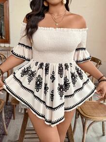 SHEIN Clasi 大码休闲节日印花露肩收腰不对称下摆衬衫 - 杏色 - 查看 4