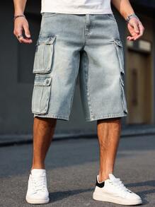 RivetRise Pantalones cortos vaqueros de verano informales para hombre con bolsillos múltiples y efecto desgastado