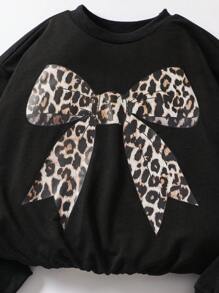 2pcs/Set Tween Girls Cute Leopard Print Bow Pattern Pullover Hoodie & Flare Pants Set, Versatile Outfit For Autumn/Winter - Black - View 5