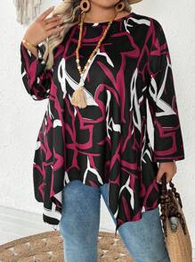 SHEIN CURVE+ Camiseta suelta de manga 3/4 con cuello redondo y bajo asimétrico para mujer de talla grande, con estampados de San Valentín, rosa, corazón, lunares, amor, labios, Cupido, flores 3D