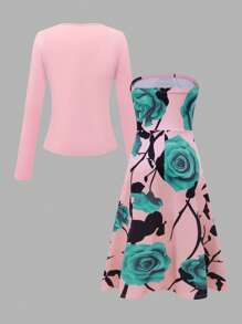 EMERY ROSE 2pcs/Set Women Solid Front Tie Long Sleeve Top And Floral Print Tube Dress Fall Cloth For Women