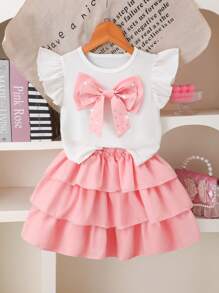 Conjunto rosa para niñas, camiseta blanca con lazo de strass desmontable, de moda y lindo, de tejido de punto, suave y cómodo, combinado con falda de pastel con volantes, cómodo y elegante, esencial para salidas de primavera/verano