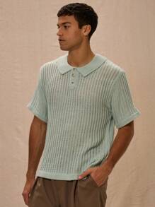 Musero Textured Knit Oversized Button Up Sweater Shirt - Mint Blue - View 1
