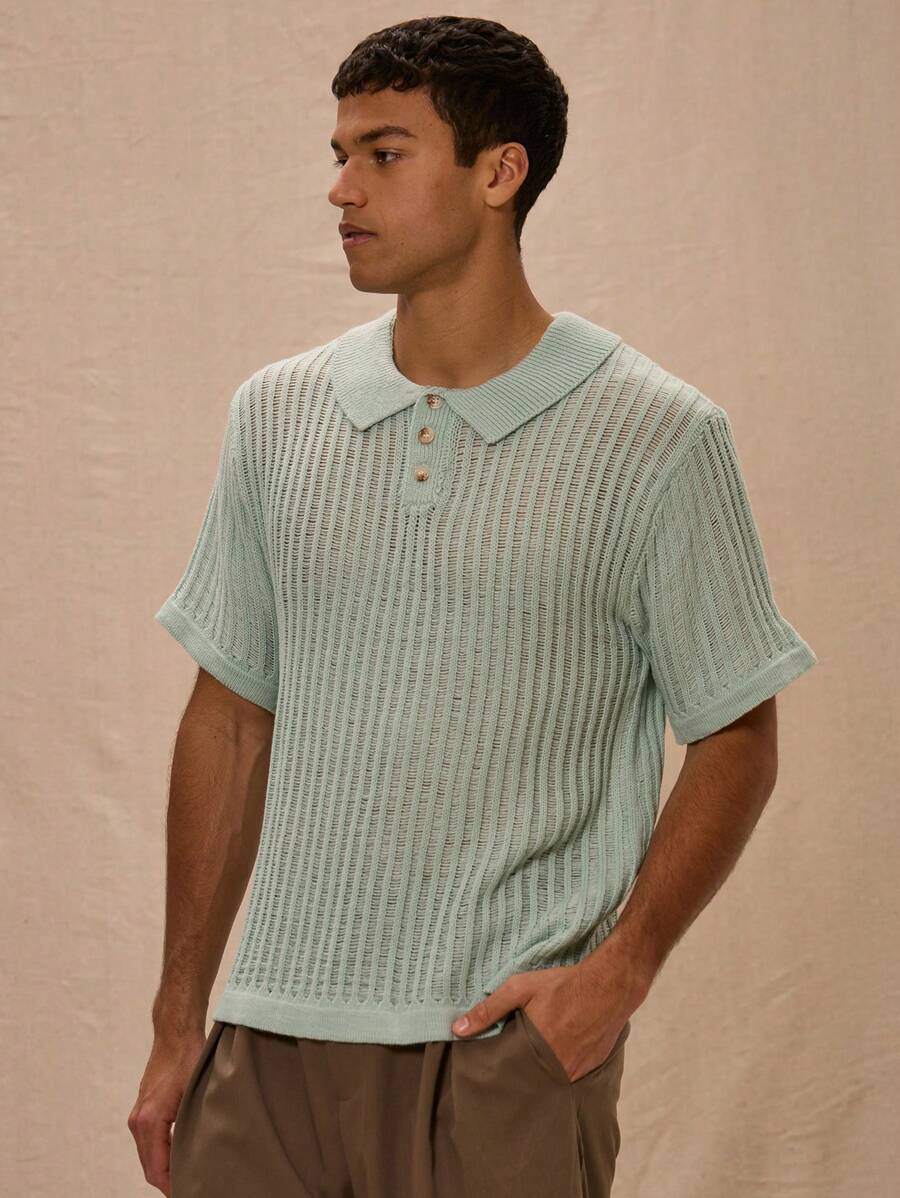 Musero Textured Knit Oversized Button Up Sweater Shirt - Mint Blue - View 1