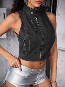 SHEIN ICON 女士休闲拉链短款牛仔背心，夏季 - 深灰色 - 查看 5