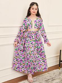 SHEIN Tween Girl Floral Print Gold Ribbon Trim Ruffle Long Sleeve Dress - Purple - View 4