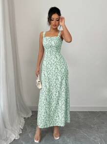 Elenzga Women's Fashionable Sleeveless Printed Long Dress, Summer - Green - View 4