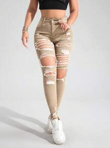 Casual Distressed Slim-Fit Denim Jeans - Khaki - View 5