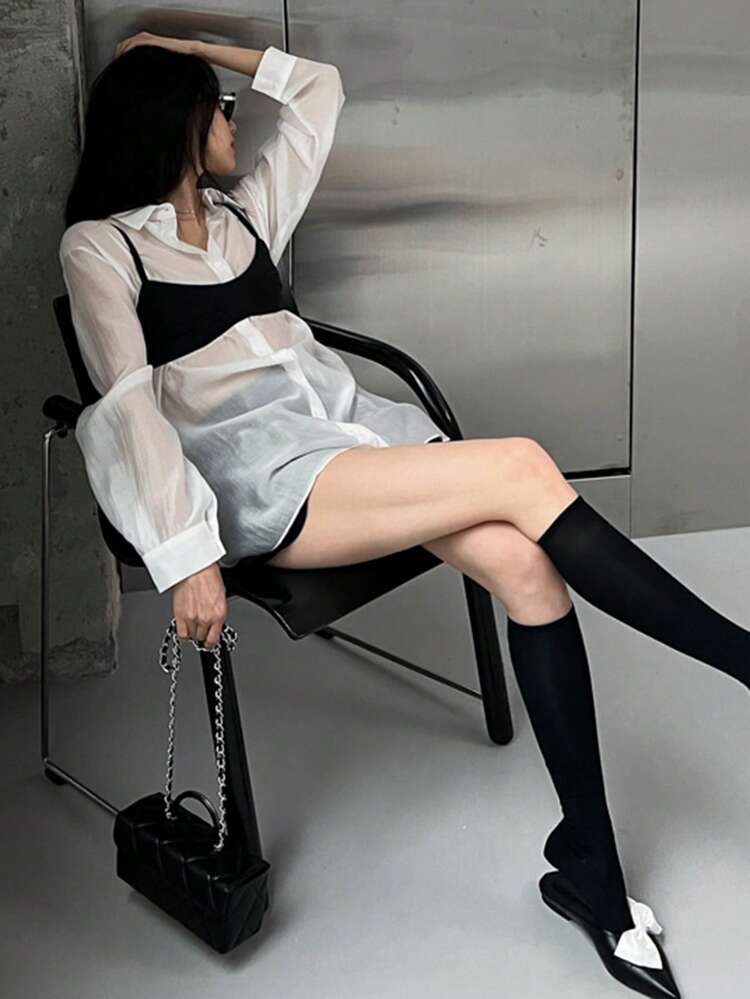 Women's Loose Fit White Collared Long Sleeve Shirt, Cropped Length Camisole Overlay