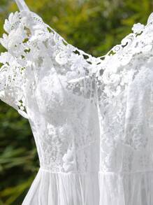 طقم قطعتين: فستان قطعة من الدانتيل + سروال داخلي، ملابس نوم نسائية بطباعة زهور رومانسية، مناسبة للزفاف - أبيض - مشاهدة 3