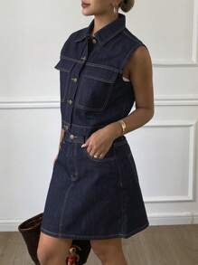 Livesso Fitted Short Denim Jacket And Shorts Set For Women - Dark Wash - View 5