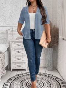 SHEIN LUNE Plus Size Jacquard Knit Minimalist Lightweight Summer Jacket In Fall/Winter - Dusty Blue - View 3