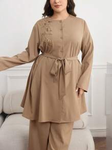 Veilorie Plus Size Women Embroidered Dress With Wide Leg Pleated Pants 2 Pieces Set - Apricot - View 4